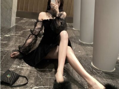 The Temperament Mesh Bubble Sleeve Off-Shoulder Waist Dress in Stunning Black