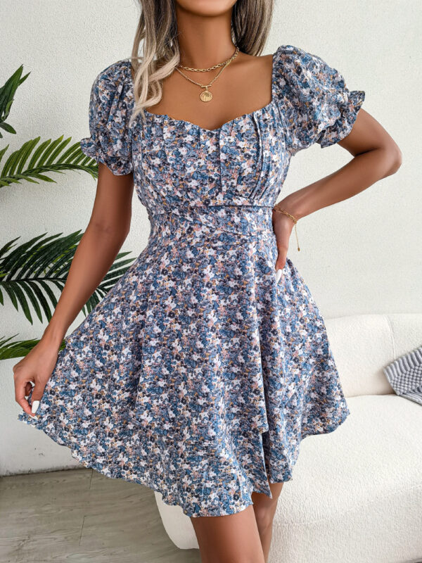 Women Mini Dress Temperament Big Swing Loose Hem Flower Print Shirring Dress Up Short Sleeves High Waist Summer Dress Clothes - Image 2